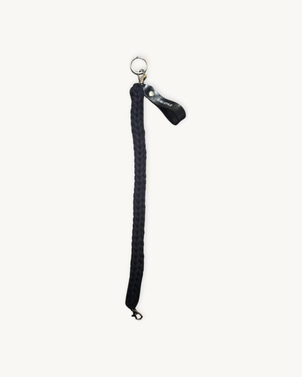 Full length straight view of the 36-38cm black vegan leather braided keychain showing its total size and structure