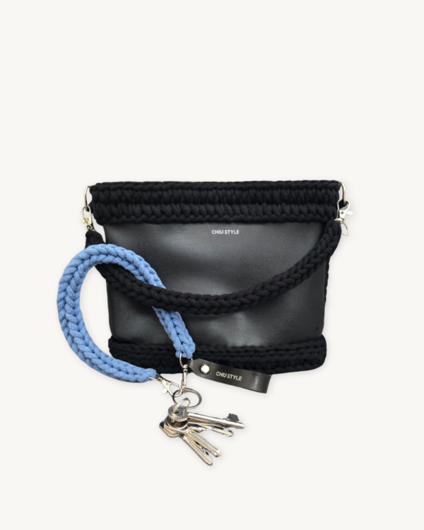 CHIU STYLE Cornflower Blue braided keychain attached to a bag handle for easy key retrieval.