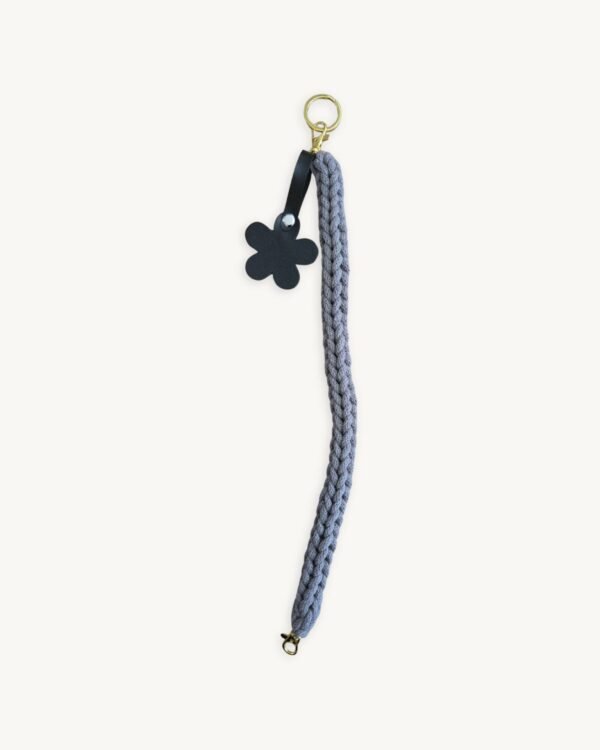 Full length straight view of the 36-38cm CHIU STYLE floral vegan leather braided keychain in mocha brown, highlighting its complete structure and flower tag