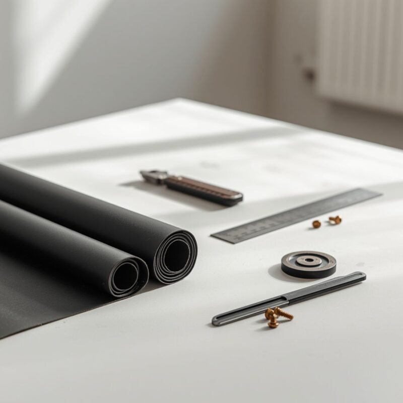 Overhead view of a minimalist designer's workbench featuring rolls of black plant-based vegan leather, a metal ruler, utility knife, and brass Chicago screws in a bright studio.
