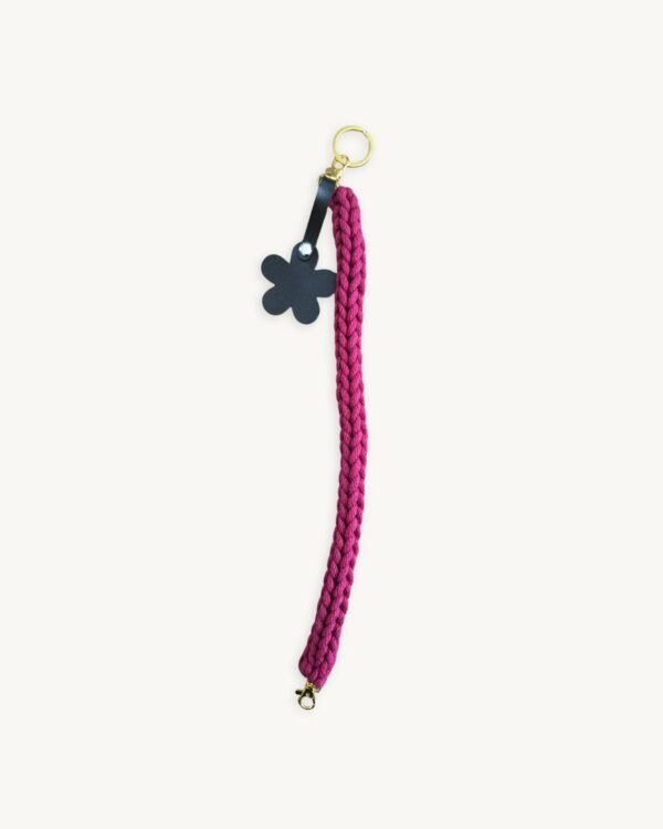 Full length straight view of the 36-38cm CHIU STYLE floral vegan leather braided keychain in Sangria, highlighting its complete structure and flower tag