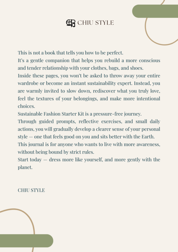 Back cover summary for Sustainable Fashion Starter Kit: A Prompt Journal for Intentional Style by CHIU STYLE