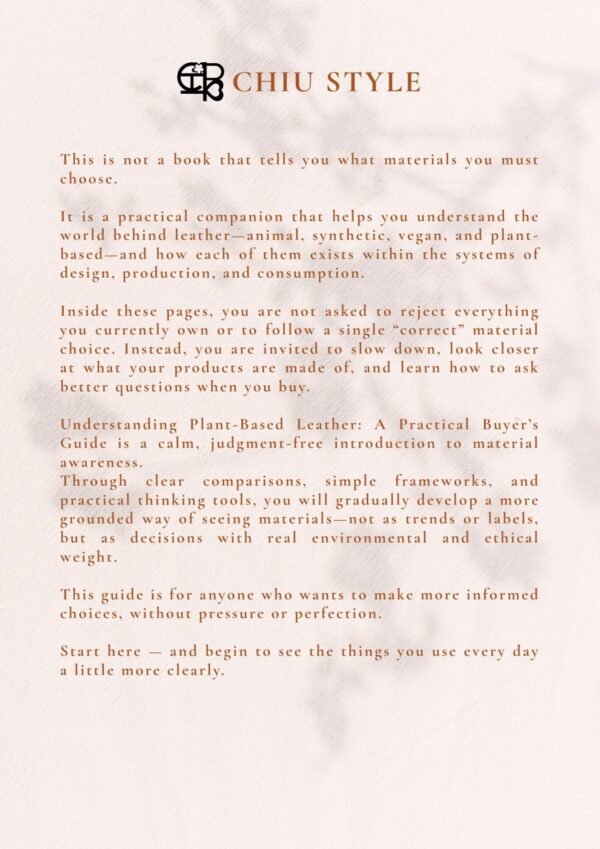Back cover summary for Understanding Plant-Based Leather: A Practical Guide for Conscious Consumers by CHIU STYLE