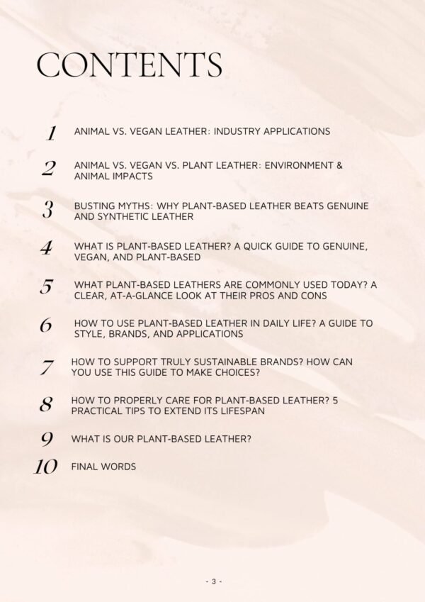 Table of Contents for Understanding Plant-Based Leather: A Practical Guide for Conscious Consumers by CHIU STYLE