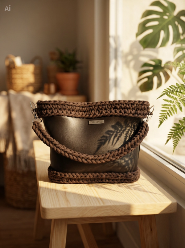 Dark Brown Vintage Punk Vegan Leather Classic Handbag placed on a wooden bench with dappled sunlight streaming through leaves