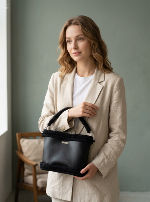 Model holding black Vintage Punk Vegan Leather Classic Handbag by hand in a vintage pale green room