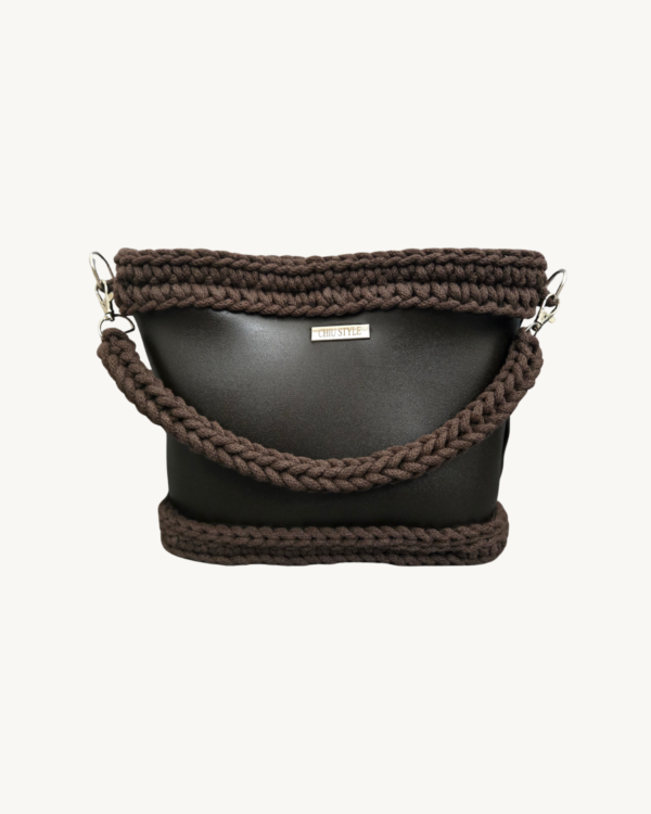 Dark Brown Vintage Punk Vegan Leather Classic Handbag front view with braided handle naturally resting on the front bag body