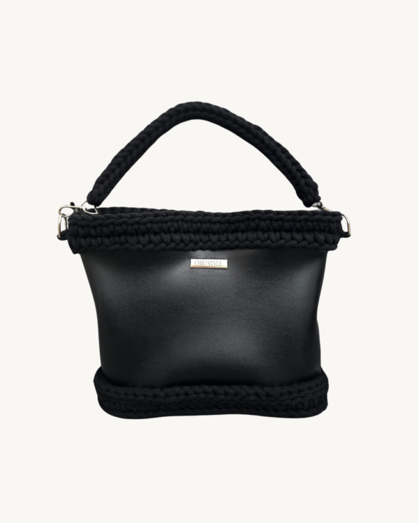 Vintage-Punk-Vegan-Leather-Classic-Handbag-Black Black Vintage Punk Vegan Leather Classic Shoulder & Handbag with braided cord handle and Chicago screws