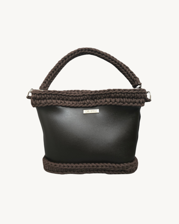 Dark Brown Vintage Punk Vegan Leather Classic Handbag front view with braided handle suspended in air