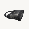 Side-lying view of Vintage Punk Vegan Leather Laced Rhythm Handbag in black showing the structured bottom, Chicago screws, and crochet texture