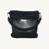 Front view of Vintage Punk Vegan Leather Laced Rhythm Handbag in black featuring intricate crochet texture and handle resting on the front body