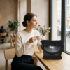Lifestyle editorial photo of Vintage Punk Vegan Leather Laced Rhythm Handbag in black on a café table with a model holding coffee, showcasing crochet texture and draped handle