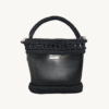 Front view of Vintage Punk Vegan Leather Laced Rhythm Handbag in black with intricate crochet texture and suspended i-cord handle