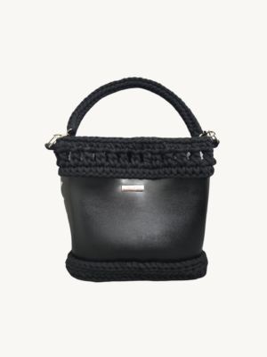 Front view of Vintage Punk Vegan Leather Laced Rhythm Handbag in black with intricate crochet texture and suspended i-cord handle