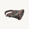 Side-lying view of Vintage Punk Vegan Leather Lattice Weave Handbag in dark brown showing the structured bottom, Chicago screws, and lattice texture