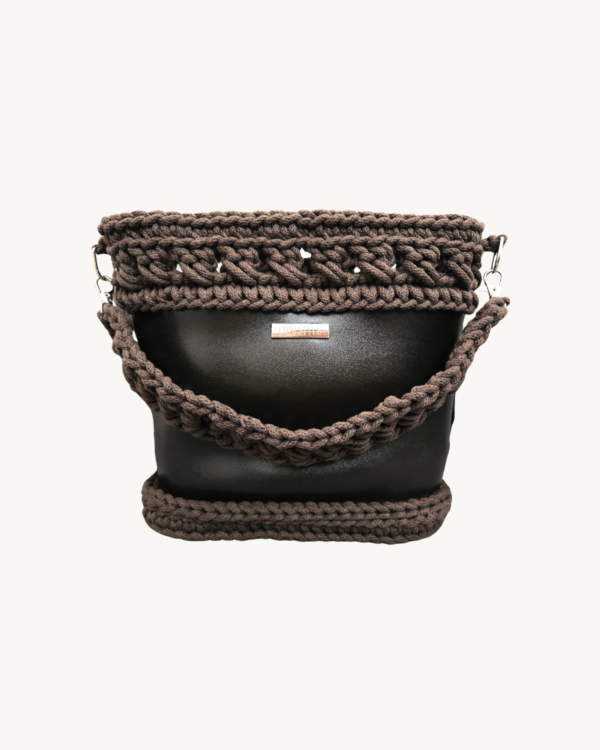 Front view of Vintage Punk Vegan Leather Lattice Weave Handbag in dark brown featuring lattice grid texture and wheat ear handle resting on the front body