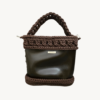Front view of Vintage Punk Vegan Leather Lattice Weave Handbag in dark brown with sculpted wheat ear handle arching above