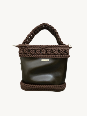 Front view of Vintage Punk Vegan Leather Lattice Weave Handbag in dark brown with sculpted wheat ear handle arching above