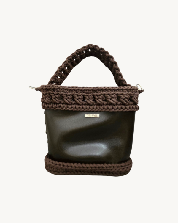 Front view of Vintage Punk Vegan Leather Lattice Weave Handbag in dark brown with sculpted wheat ear handle arching above