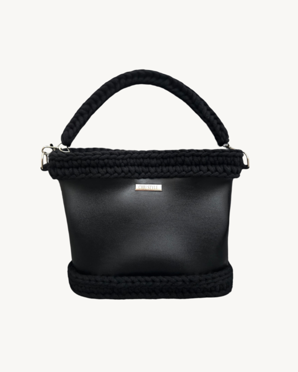 Black Vintage Punk Vegan Leather Classic Shoulder & Handbag with braided cord handle and Chicago screws
