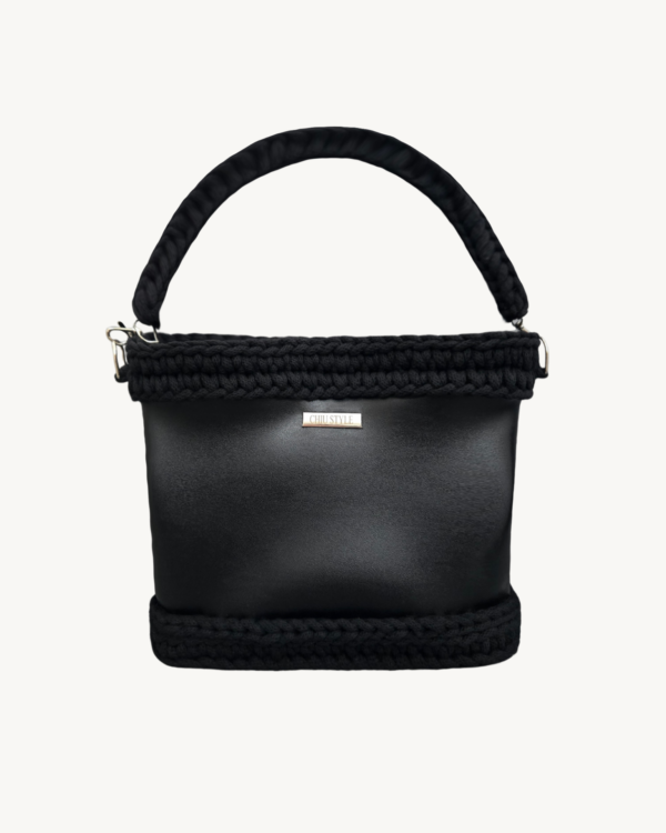 Vintage-Punk-Vegan-Leather-Classic-Handbag-Black Black Vintage Punk Vegan Leather Classic Shoulder & Handbag with braided cord handle and Chicago screws
