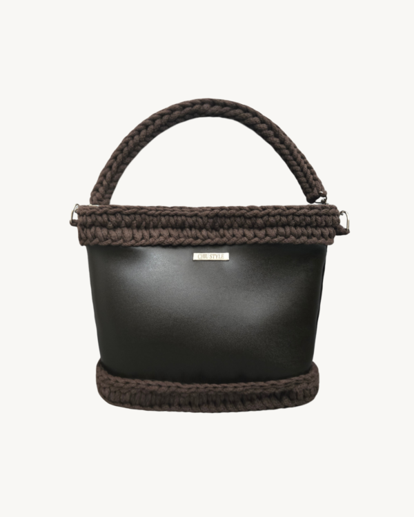 Dark Brown Vintage Punk Vegan Leather Classic Handbag front view with braided handle suspended in air