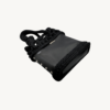 Side-lying view of the Vintage Punk vegan leather black drawstring bag, showcasing the structured bottom and reinforced side construction.