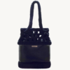 Vintage Punk vegan leather black drawstring bag featuring an artisanal puff-stitch openwork upper and smooth I-cord handles.