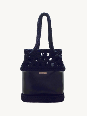 Vintage Punk vegan leather black drawstring bag featuring an artisanal puff-stitch openwork upper and smooth I-cord handles.