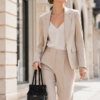 Stylish professional Caucasian model in a light-beige pantsuit hand-carrying the CHIU STYLE black and silver thread drawstring bag. The bag features intricate puff-stitch crochet and five distinct silver Chicago screws on the side panel, set against a minimalist urban background.