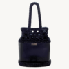 Vintage Punk vegan leather drawstring bag in black with silver thread, featuring an artisanal puff-stitch openwork upper and smooth I-cord handles.