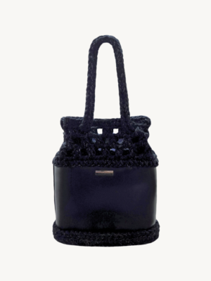 Vintage Punk vegan leather drawstring bag in black with silver thread, featuring an artisanal puff-stitch openwork upper and smooth I-cord handles.