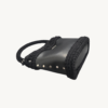 Side-lying view of Vintage Punk Vegan Leather Laced Rhythm Handbag in black showing the structured bottom, Chicago screws, and crochet texture