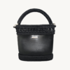 Front view of Vintage Punk Vegan Leather Laced Rhythm Handbag in black with intricate crochet texture and suspended i-cord handle