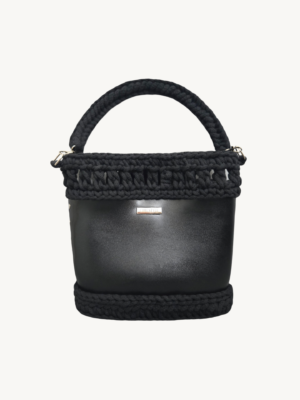 Front view of Vintage Punk Vegan Leather Laced Rhythm Handbag in black with intricate crochet texture and suspended i-cord handle
