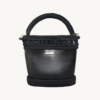 Front view of Vintage Punk Vegan Leather Laced Rhythm Handbag in black with intricate crochet texture and suspended i-cord handle