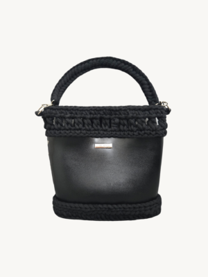 Front view of Vintage Punk Vegan Leather Laced Rhythm Handbag in black with intricate crochet texture and suspended i-cord handle