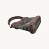 Vintage-Punk-Vegan-Leather-Lattice-Weave-Handbag-Dark-Brown-Side-Lying-Bottom-View Side-lying view of Vintage Punk Vegan Leather Lattice Weave Handbag in dark brown showing the structured bottom, Chicago screws, and lattice texture