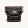 Vintage-Punk-Vegan-Leather-Lattice-Weave-Handbag-Dark-Brown-Front-Handle-Resting Front view of Vintage Punk Vegan Leather Lattice Weave Handbag in dark brown featuring lattice grid texture and wheat ear handle resting on the front body