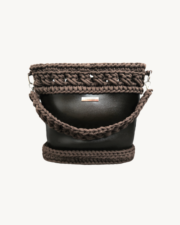 Vintage-Punk-Vegan-Leather-Lattice-Weave-Handbag-Dark-Brown-Front-Handle-Resting Front view of Vintage Punk Vegan Leather Lattice Weave Handbag in dark brown featuring lattice grid texture and wheat ear handle resting on the front body
