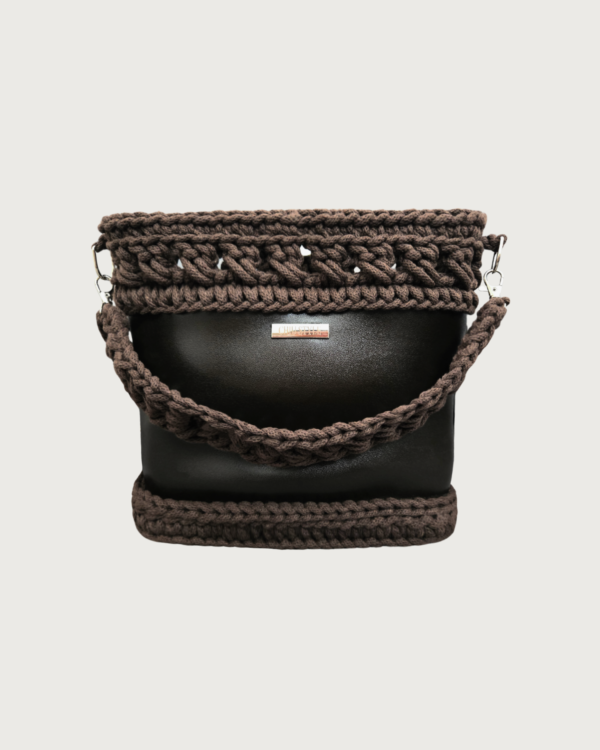 Lattice Weave bag-front-dark brown-M2 Front view of Vintage Punk Vegan Leather Lattice Weave Handbag in dark brown featuring lattice grid texture and wheat ear handle resting on the front body