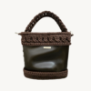 Front view of Vintage Punk Vegan Leather Lattice Weave Handbag in dark brown with sculpted wheat ear handle arching above