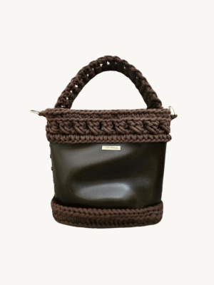 Front view of Vintage Punk Vegan Leather Lattice Weave Handbag in dark brown with sculpted wheat ear handle arching above