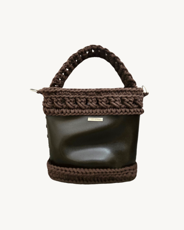 Vintage-Punk-Vegan-Leather-Lattice-Weave-Handbag-Dark-Brown-Front-Floating-Handle Front view of Vintage Punk Vegan Leather Lattice Weave Handbag in dark brown with sculpted wheat ear handle arching above