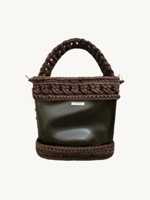 Front view of Vintage Punk Vegan Leather Lattice Weave Handbag in dark brown with sculpted wheat ear handle arching above
