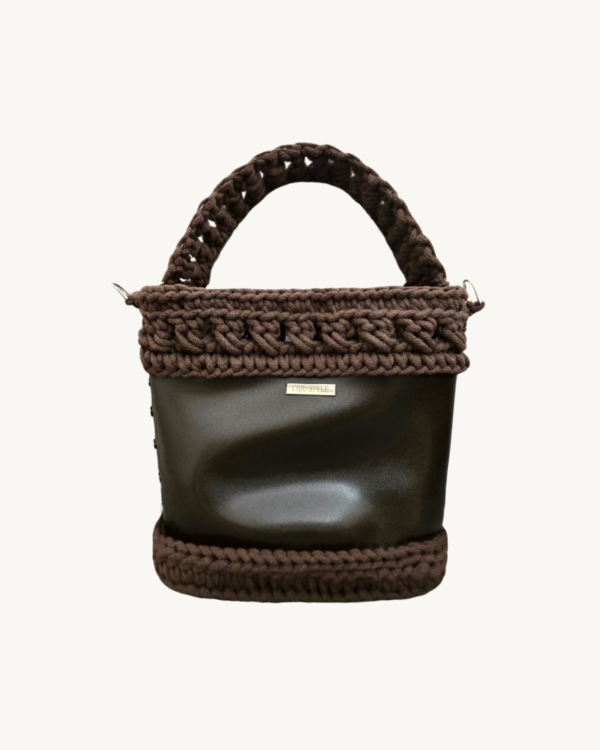 Vintage-Punk-Vegan-Leather-Lattice-Weave-Handbag-Dark-Brown-Front-Floating-Handle Front view of Vintage Punk Vegan Leather Lattice Weave Handbag in dark brown with sculpted wheat ear handle arching above